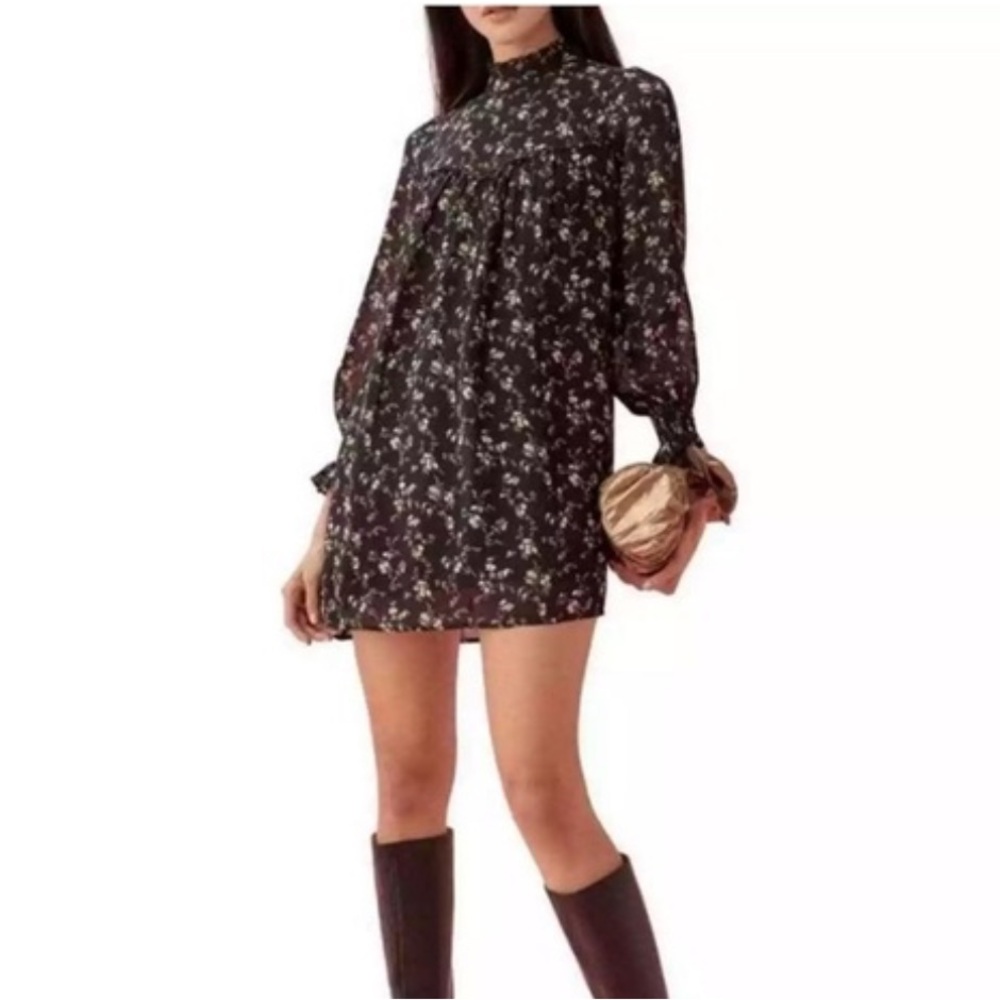 Reformation Jourdan Black Floral Babydoll Mini Dress